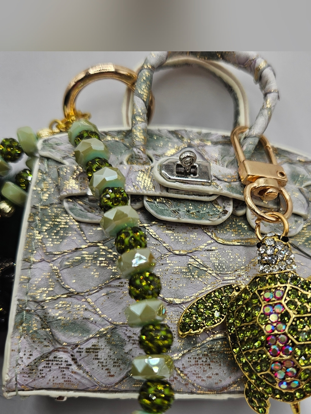 Embellished Mini bag with Green Crystal Turtle Charm